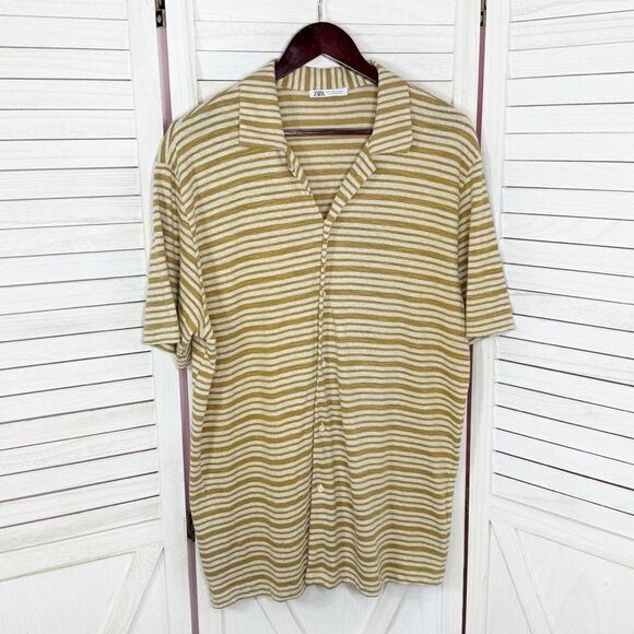 Zara Striped Cotton Linen Knit Button Up T Shirt Tan Large Short Sleeve Camp - Picture 2 of 12